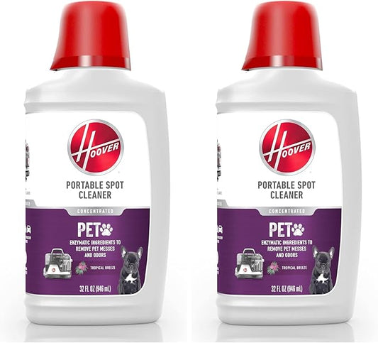 Hoover Pet Portable Spot Cleaner Solution,32 oz.,Tropical Breeze Scent,Upholstery and Carpet Shampoo Solution,Eliminates Pet Messes and Odors,Designed CleanSlate Spot Cleaner,(Pack of 2)