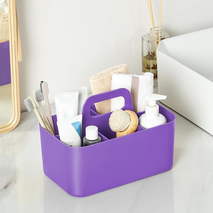Multiuse Caddy Organizer with Handle, Stackable Plastic Tote Bin - Art Craft Supplies, Office, Desk, Stationery Pen Holder, Kitchen, Utensil, Makeup, Bathroom, Shower, Cleaning, Dorm Organizer, Purple