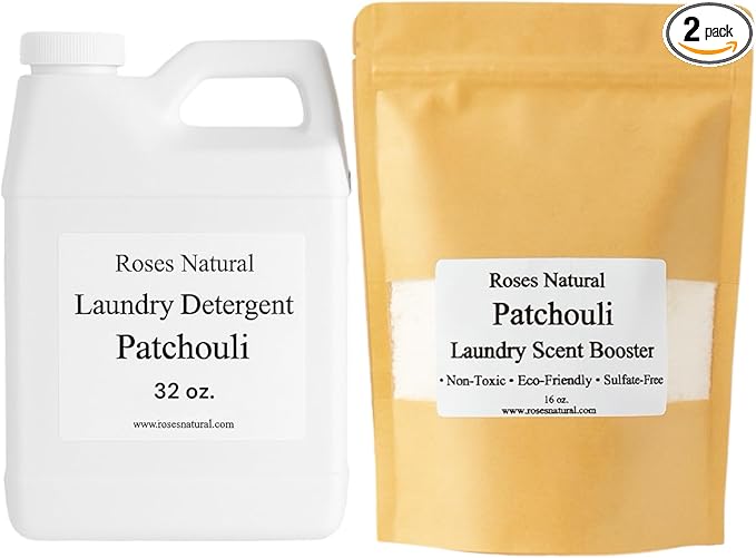 Patchouli Laundry Detergent and Scent Booster Bundle, 32 oz Detergent, 16 oz Booster, Natural Laundry Set, Eco-friendly, Patchouli Essential Oil Scented, Made in the USA