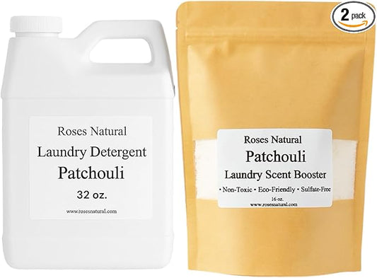 Patchouli Laundry Detergent and Scent Booster Bundle, 32 oz Detergent, 16 oz Booster, Natural Laundry Set, Eco-friendly, Patchouli Essential Oil Scented, Made in the USA