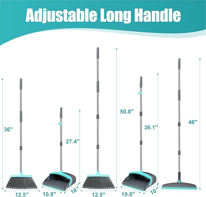 Upgrade Broom and Dustpan Set, Silicone Broom,Long Handle Broom with Upright Standing Dustpan, Squeegee - Broom for Indoor Cleaning 2+1,for Indoor Outdoor,Smooth Floors, Rugs (Green-Grey)