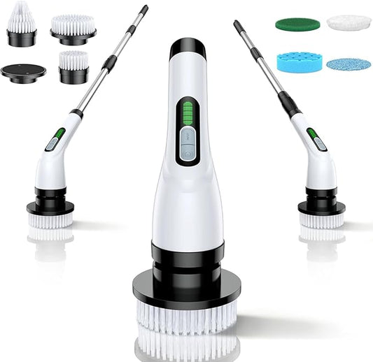 Electric Spin Scrubber - Cordless Bathroom Scrubber with 7 Brush Heads - Dual Speed IPX7 Waterproof Power Scrubber for Heavy-Duty Bathtub, Glass, Tile, and Car Cleaning (White)