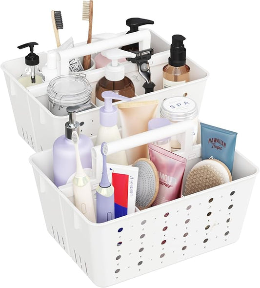 Lifewit Shower Caddy Portable, Plastic Bathroom Organizer with Handle and Holes, Hard Cleaning Basket for Toiletry Storage, College Dorm Essentials, White, 2 Packs