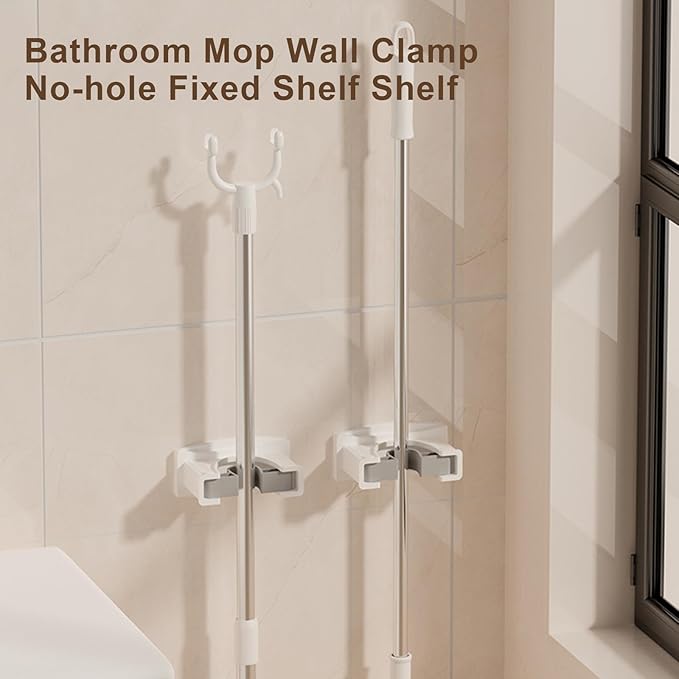 Heavy Duty Mop & Brooms Holder Wall Mounted Not Drill Rack Large Capacity Mop Clip Bathroom Mop Holder Simple Installs