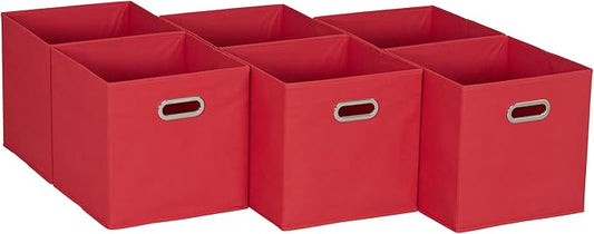 Household Essentials Foldable Fabric Storage Cubes 6-Pack – 11x11x11 Stackable Non-Woven Bins with Chipboard Sides & Grommet Handles – Closet, Shelf, Nursery, or Office Organizer – Regal Red