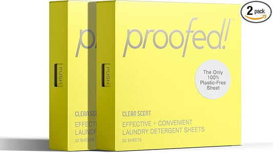 Proofed! Laundry Detergent Sheets, 64 Count, Clean Scent, The Only 100% Plastic-Free Sheet, No PVA or PVOH, Hypoallergenic, Bio-Based Ingredients, Made in USA, 2 Boxes
