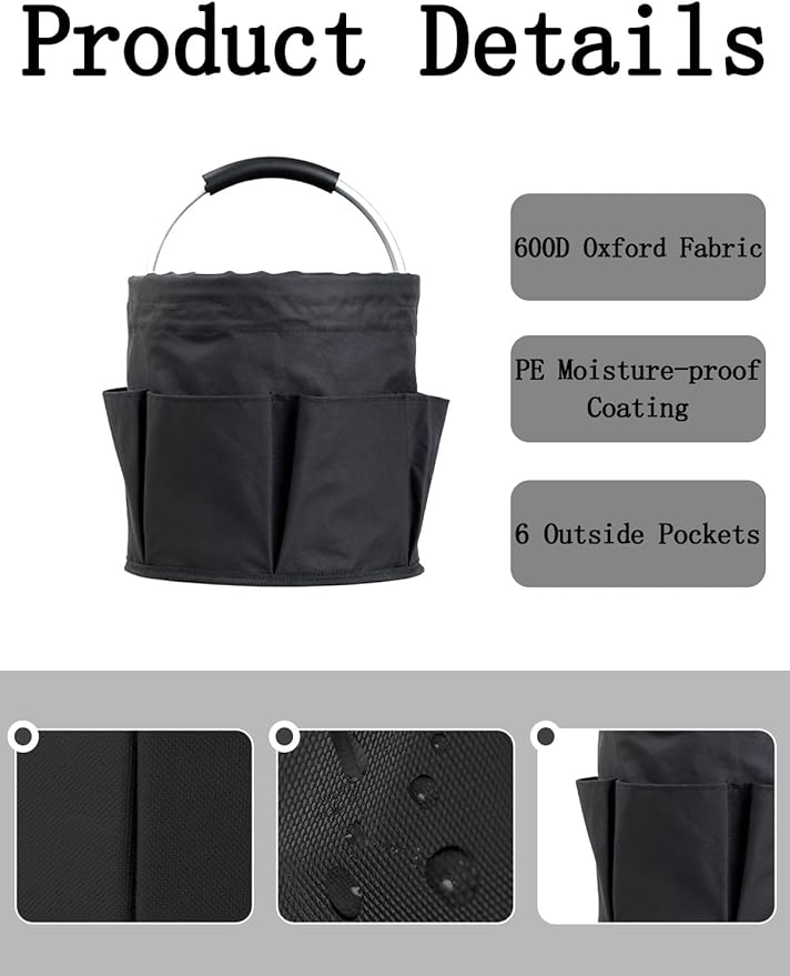 Cleaning Caddy with Handle, Cleaning Products Organiser, Foldable Storage Basket, Large Supply Organiser 17L with 6 Pockets, Portable Cleaning Caddy for Home & Garden (Black)