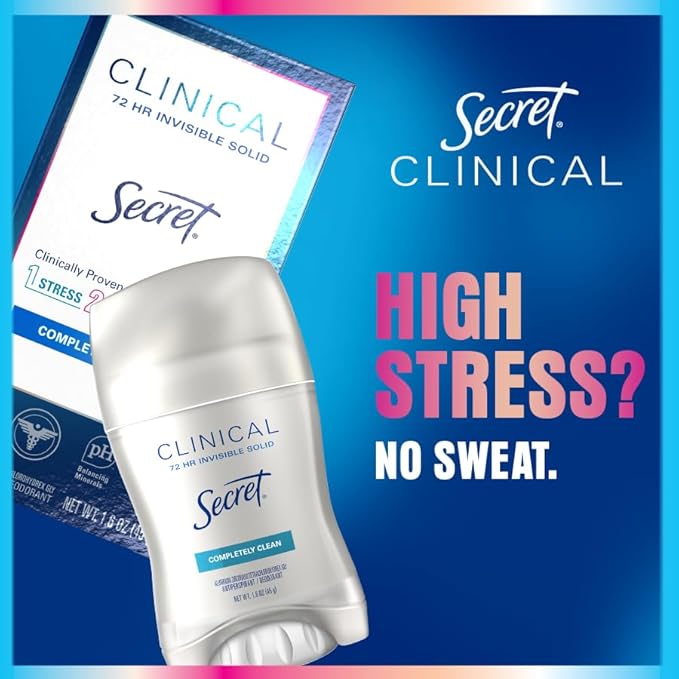 Secret Clinical Strength Antiperspirant Deodorant for Women, 3X Stress Protection, 72hr Sweat & Odor Protection, PH Balancing Minerals, Invisible Solid, Completely Clean Scent, 2.6 oz (Pack of 2)