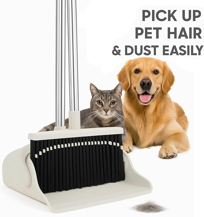 Broom with Dustpan – Premium Broom Set with Upright Design, Hair-Removal Dustpan Included,No-Bending Broom for efficient Home Cleaning Tool (Gray-Yellow)