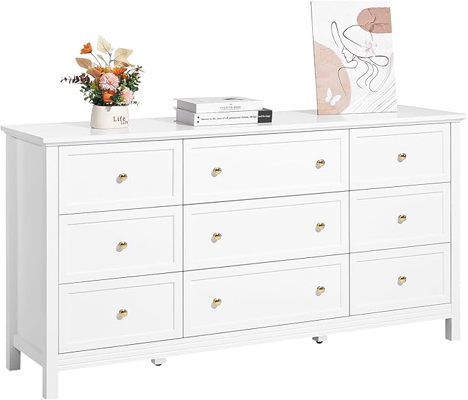 VEVOR 9 Drawer Dresser, Wooden Chest of Drawers with Sliding and Anti-tip Device, Retro Minimalist Dresser Chest, Closet Storage TV Stand Organizer for Living Room, Hallway, Bedroom, Entryway, White