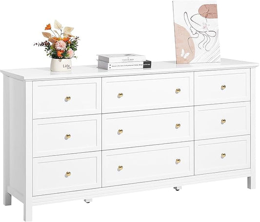 VEVOR 9 Drawer Dresser, Wooden Chest of Drawers with Sliding and Anti-tip Device, Retro Minimalist Dresser Chest, Closet Storage TV Stand Organizer for Living Room, Hallway, Bedroom, Entryway, White