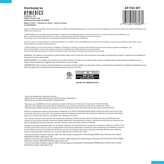 Homedics 5-in-1 UV-C Air Purifier - 360-Degree HEPA Filter for 1,593 Sq Ft, Extra Large Air Purifiers for Bedroom and Home, Essential Oil Pads, Built-In Timer, 5 Speed Settings for Large Rooms, White