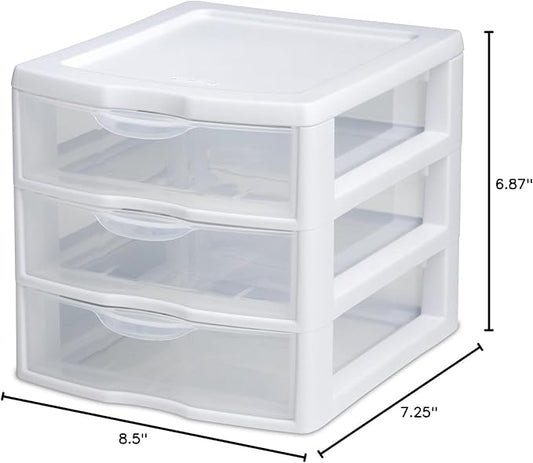 Sterilite 3 Drawer Mini Desktop Unit, Clear w/White Frame
