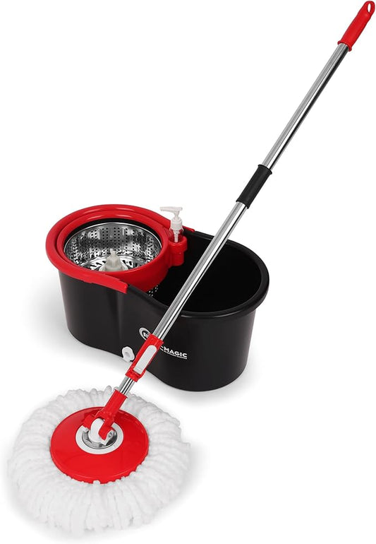 Simpli-Magic 360° Spin Mop and Bucket with Wringer – 3 High-Absorbent Microfiber Washable Heads – Spinning Mop and Bucket Set for All Types Floor Cleaning (Black)