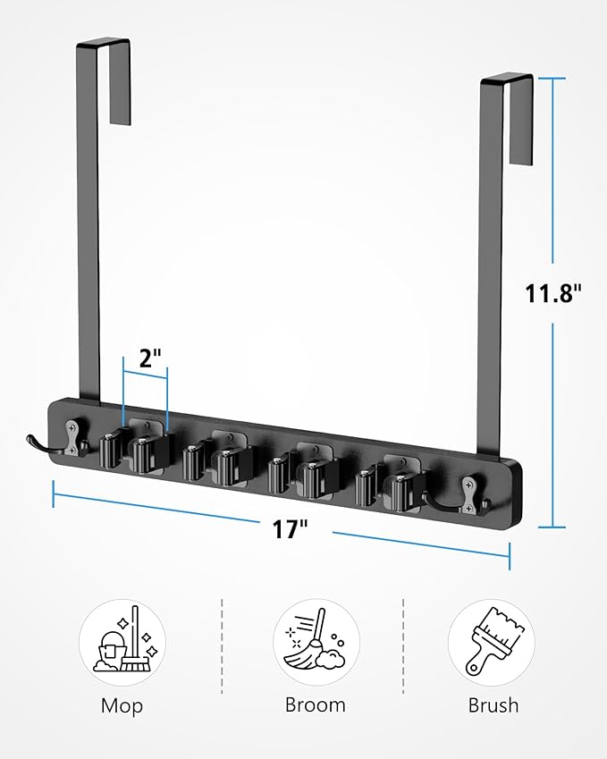 Over the Door Broom Holder, Mop and Broom Holder Door Mount, Hanging Organizer with 4 Racks & 2 Hooks, Wooden Hanger Storage Decor, Laundry Tool Organizer for Closet Garage, No Drills