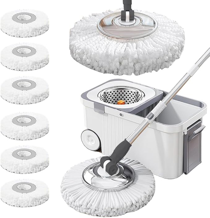 360 Spinning Floor Cleaning System with 6 Extra Refills Heads Extended Handle Household Cleaning Automatic Hand-Free Automatic Dehydration Mop for Household Floor Cleaning (White Blue)