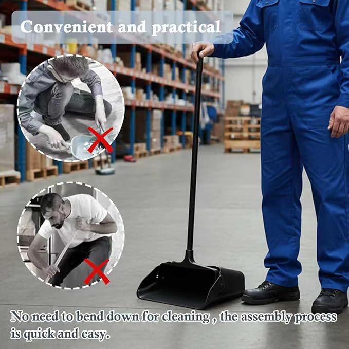 3-Pack Commercial Upright Dust Pan with Long Handle and Wheels – Heavy Duty Large Dust Pans for Indoor/Outdoor Use, Janitorial or House Cleaning Tools, Black Standing Dustpan