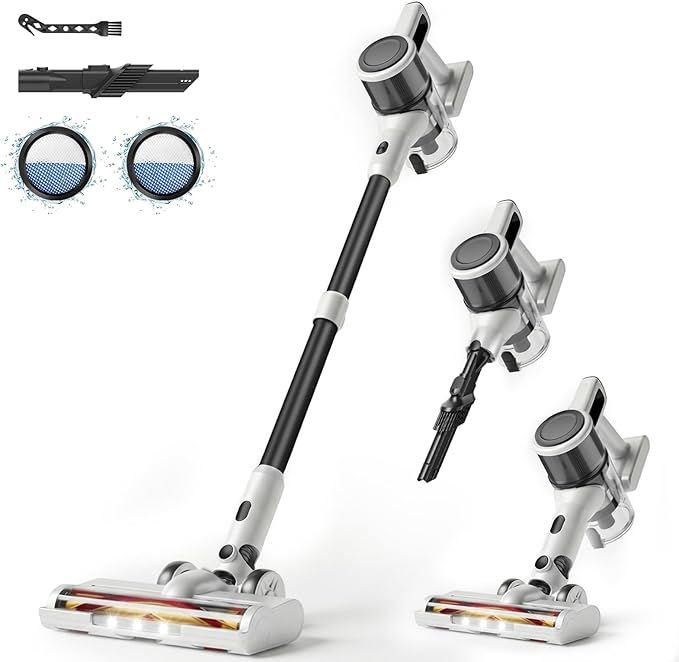 Cordless Vacuum Cleaner for Home - Lightweight, Stick Vacuum Clean with Rechargeable Battery, Max 45Mins Runtime, 8 in 1 Handheld Vacuum for Hardfloor & Carpets Pet Hair, White&Yellow