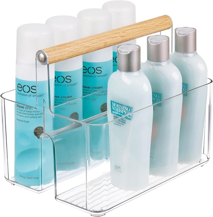 mDesign Plastic Portable Shower Caddy Divided Basket Bin Storage Organizer with Bamboo Handle for Bathroom, Dorm, Shelf & Cabinet Holds Shampoo, Conditioner - Aura Collection, Clear/Natural