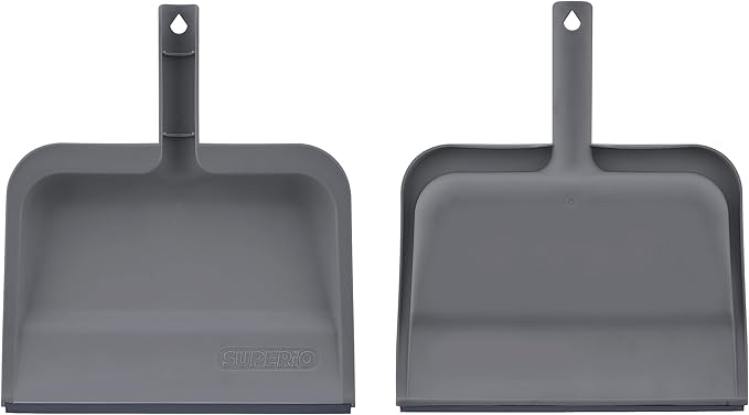 Superio Clip-On Dustpan with Rubber Lip - 10-inch Wide Durable Plastic Dust Pan with Comfort Grip Handle, 2-Pack (Grey)