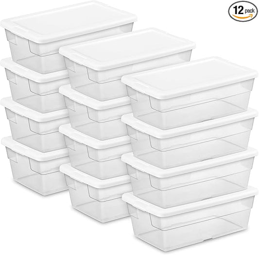 Sterilite 12-Pack 6 Quart Storage Box, Stackable Clear Plastic Bins with Snap-On Lids - Heavy-Duty Organizing Containers for Closet, Bathroom, and Office