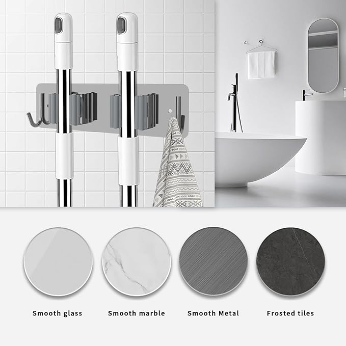 Broom and Mop Holder Wall Mounted, Heavy-Duty Stainless Steel Storage Rack with 2 Racks & 2 Hooks,Broom Organizer for Kitchen,Bathroom,Garage,Garden（SILVER