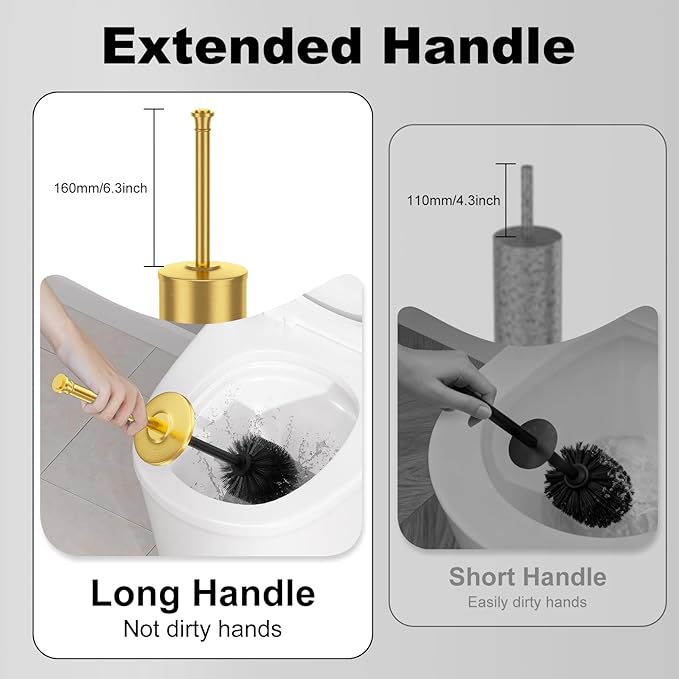 Brass Toilet Brush and Holder，Long Handled Gold Toilet Brush for Bathroom，Stainless Steel Heavy Duty Toilet Bowl Brush,Removable Inner Bowl,Deep Cleaning Dense Bristles Cleaner Brush -Space Saving