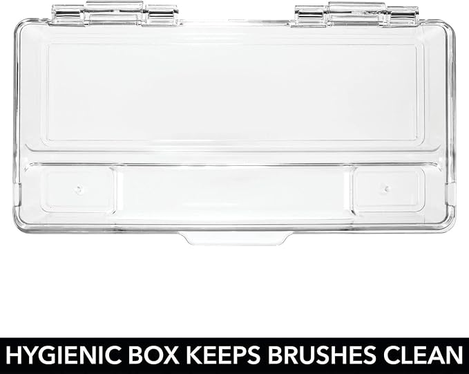mDesign Plastic Toothbrush Holder, Storage Organizer Bin for Bathroom Vanity, Cabinet, Closet, Drawer - Holds Electric Toothbrush, Toothpaste, Dental Floss, Teeth Whitening Strips - Hinged Lid - Clear