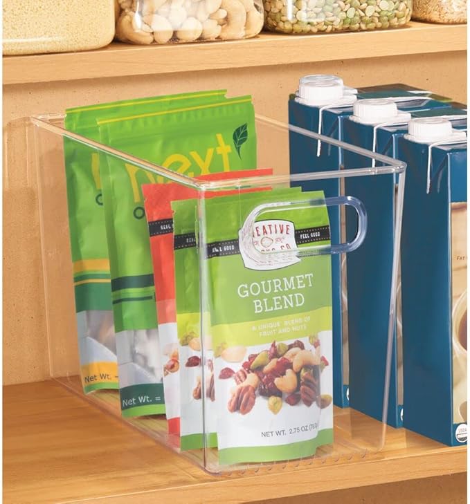 mDesign Plastic Modern Kitchen, Pantry Food Storage Container Bin w/ Handles - Cabinet, Fridge/Freezer, Countertop Organizer - Snacks/Drink/Appliances; Ligne Collection, Clear, 12x6x7.75 (Pack of 1)
