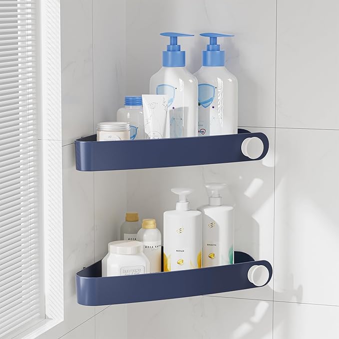 Sotfamily Plastic Shower Caddy Corner (for 90° Only), 2 Pack Adhesive Corner Shower Shelves for Bathroom Organizers and Storage, Navy
