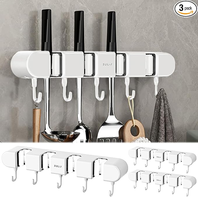 3PCS Broom Holder Wall Mount, No-Drilling Self-Adhesive Mop and Broom Storage Rack (4 Racks with 5 Hooks),Wall-Mounted Broom Hanger for Bathroom, Kitchen, Closet, Garage, White