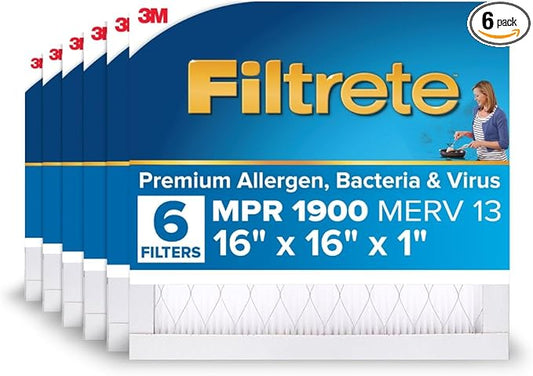 Filtrete 16x16x1 AC Furnace Air Filter, MERV 13, MPR 1900, Premium Allergen, Bacteria & Virus Filter, 3-Month Pleated 1-Inch Electrostatic Air Cleaning Filter, 6-Pack (Actual Size 15.81x15.81x0.78 in)