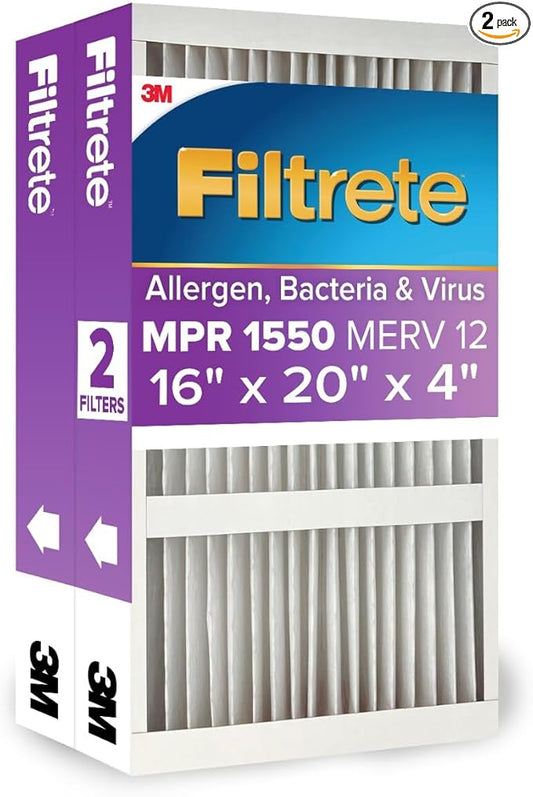 Filtrete 16x20x4 AC Furnace Air Filter, MPR 1550, MERV 12, Fits Lennox & Honeywell, Allergen, Electrostatic Air Cleaning Filter, 2-Pack (Actual Size 15.88x19.88x4.31 in)