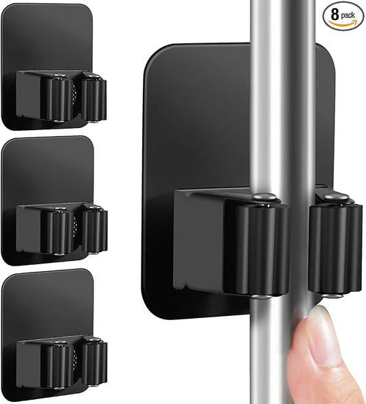 8 Pack Broom Holder Wall Mount, Improved Super Anti-Slip Mop and Broom Holder Wall Mount, Broom Hanger Gripper for Kitchen, Bathroom, Closet, Garden Garage, Black