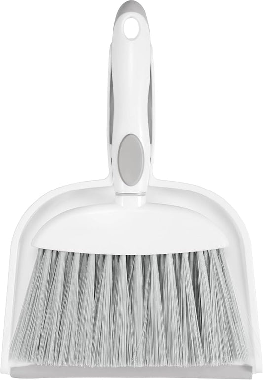 NACENA Small Dust Pan and Brush Set, Mini Broom and Dustpan Set Small Hand Broom and Brush Combo Dust Pan with Teeth for Home Cleaning Drawers Desktop Sofas and Outdoor, White & Gray