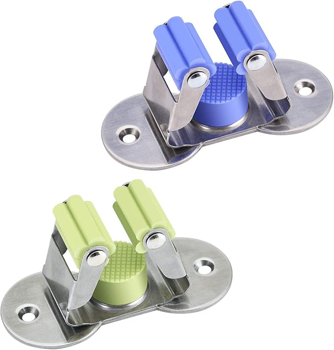 Stainless Steel Mop and Broom Holder, Dual-Purpose Wall Mounted Mop Broom Organizer with 2 Pcs 3M Self Adhesive and Double Screws,Bathroom Kitchen Organizer Rack with Spring Clip Design
