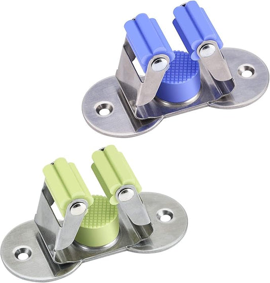 Stainless Steel Mop and Broom Holder, Dual-Purpose Wall Mounted Mop Broom Organizer with 2 Pcs 3M Self Adhesive and Double Screws,Bathroom Kitchen Organizer Rack with Spring Clip Design