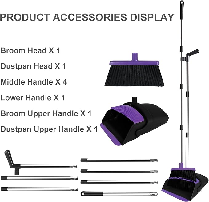 Broom with Dustpan Combo Set, 51" Household Dustpans and Broom, Standing Dust Pan Set for Home, Purple Cleaning Set for Kitchen Lobby Indoor Outdoor