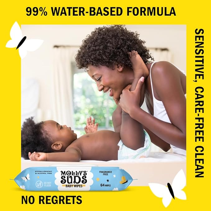 Molly's Suds Sensitive Clean Baby Wipes | 99% Water, Plant-Based, Fragrance Free | 576 Total Wipes (9 Flip-Top Packs)