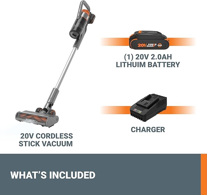 WORX 20V Cordless Stick Vacuum WX038L.1, Powerful Cordless Vacuum Cleaner 25Kpa High Suction for Pet Hair, Lightweight Handheld Vacuum Cleans Floors Carpet Car – Battery & Charger Included