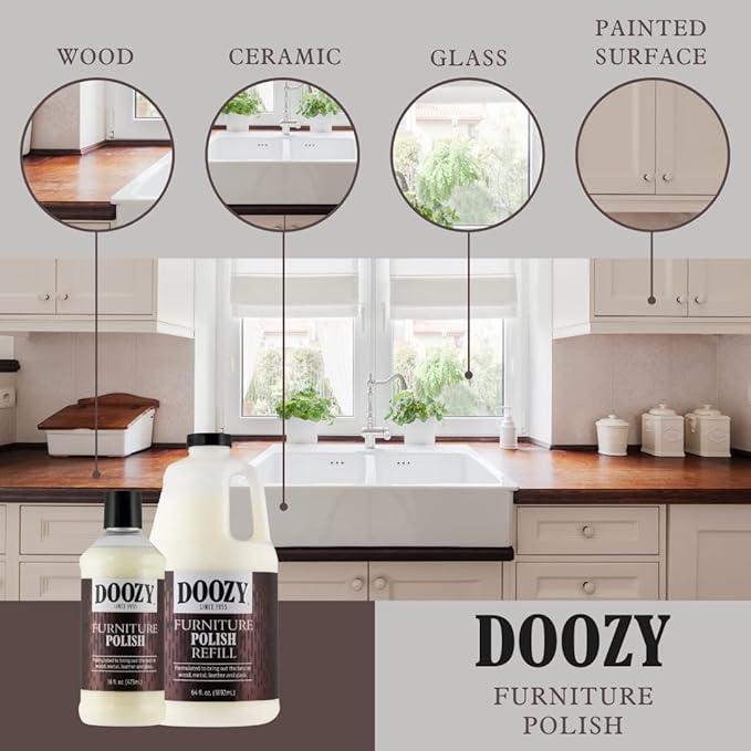 Doozy 64 oz Furniture & Cabinet Polish for All Wood & Metal, Leather & Glass - Oak, Teak, Dark & Light Wood - Best to Clean, Restore, Protect, Shine & Conceal Fine Surface Scratches