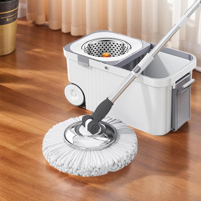 360 Spinning Floor Cleaning System with 6 Extra Refills Heads Extended Handle Household Cleaning Automatic Hand-Free Automatic Dehydration Mop for Household Floor Cleaning (White Blue)
