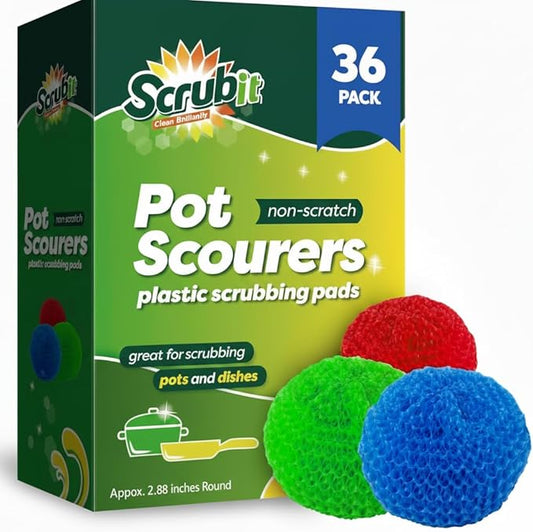 36 Round Nylon Dish Scrubber Scouring Pads by Scrub-It -3 Packs of 6 Scour Pads - Assorted Colors - Tough and Durable - Non-Scratch for Non-Stick Cookware - (36)