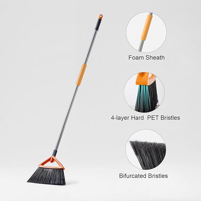 Heavy Duty Broom with Dustpan Combo Set Indoor and Outdoor Dual Purpose,Stiff Bristle Commercial Angle Broom and Standing Dust Pans with Long Handle for Sweeping Home,Kitchen,Yard,Grey