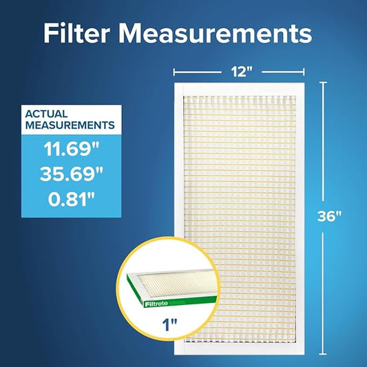 Filtrete 12x36x1 AC Furnace Air Filter, MERV 8, MPR 700, Tough on Pollen, Easy on Airflow, 3-Month Pleated 1-Inch Electrostatic Air Cleaning Filter, 4-Pack (Actual Size 11.69 x 35.69 x 0.81 in)