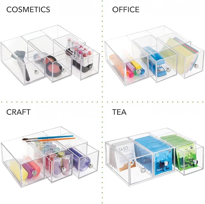 mDesign Plastic Kitchen Pantry Stackable Storage Organizer Container Station with 3 Drawers for Cabinet, Countertop, Holds Coffee, Tea, Sugar Packets, Creamers - Lumiere Collection - 2 Pack - Clear