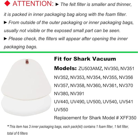 Dttery 3 Foam & Felt Filters Kit Replacement for Shark Navigator Lift-Away Vacuum NV350, NV351, NV352, NV355, NV356, NV356E, NV357, NV360, NV370, NV391, UV440, UV490, UV540 Part XFF350