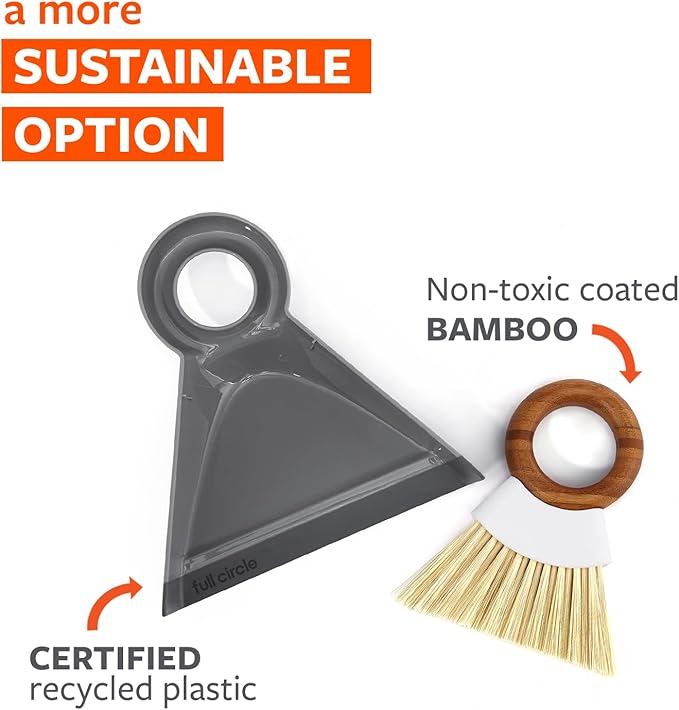 Full Circle Tiny Team Mini Compact Brush & Dustpan Set, Portable Handheld Broom for Quick Cleanups, Ideal for Home, Bathroom, Kitchen Countertops. Bamboo Hand Broom & Small Crumb Sweeper, White