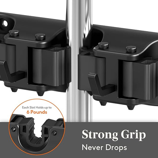 Lifewit Mop and Broom Holder Wall Mount, Anti-Slip Broom Hanger for Cleaning Supplies Organizer, Easy Install Tool Hanging Rack for Closet, Kitchen, Garage, 5 Slot 6 Hooks, Hold 30lbs, Black, 2 Pack