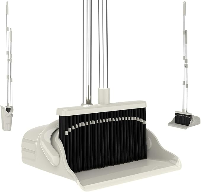 Broom with Dustpan – Premium Broom Set with Upright Design, Hair-Removal Dustpan Included,No-Bending Broom for efficient Home Cleaning Tool (Gray-Yellow)